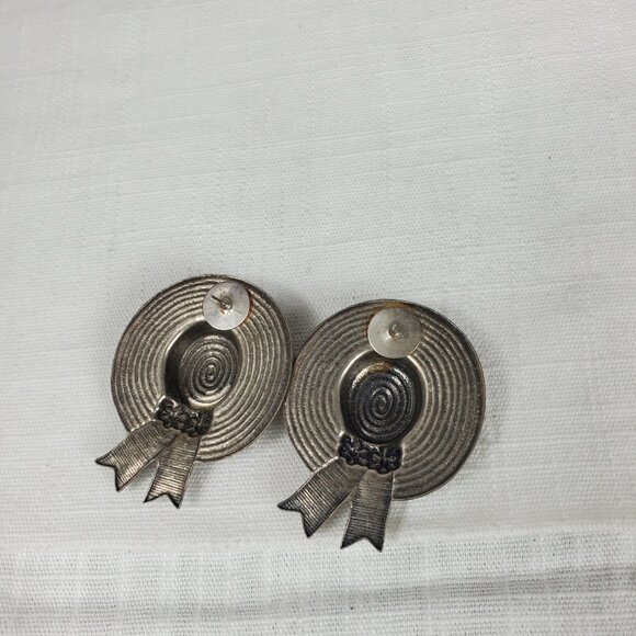 Vintage Silver Tone Metal Straw Hat Ribbon Design Post Earrings - Picture 4 of 7